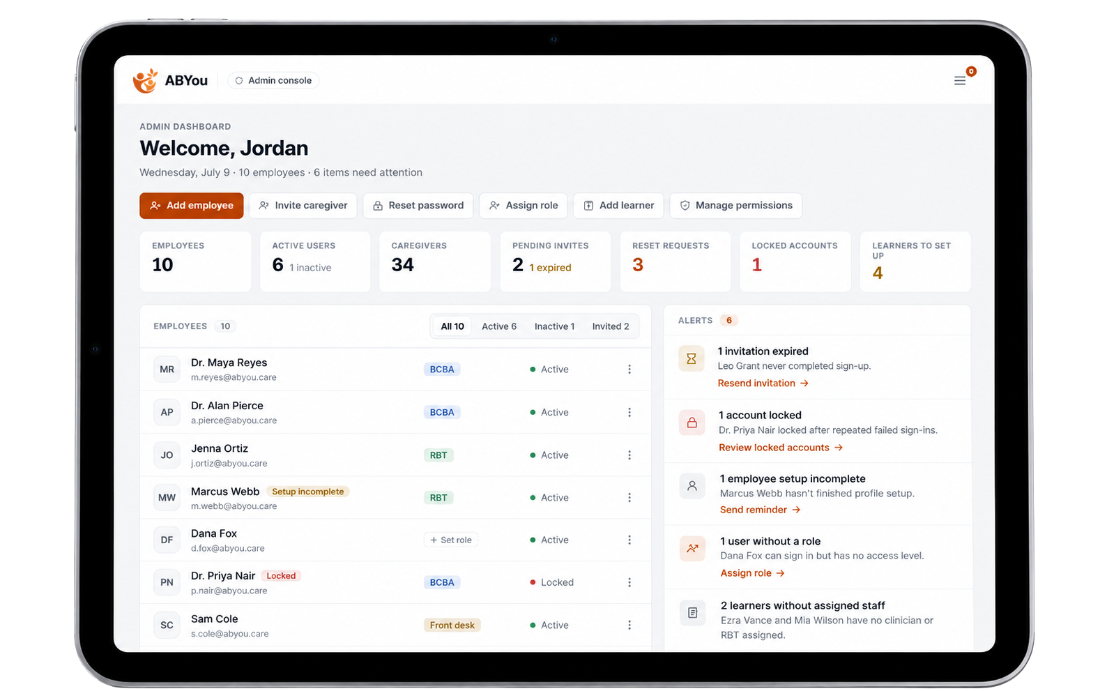 ABYou admin console on a tablet: Welcome, Jordan. Quick actions such as Add employee and Invite caregiver, counts for employees, invites, reset requests and locked accounts, an employee list with roles and status, and an alerts panel.