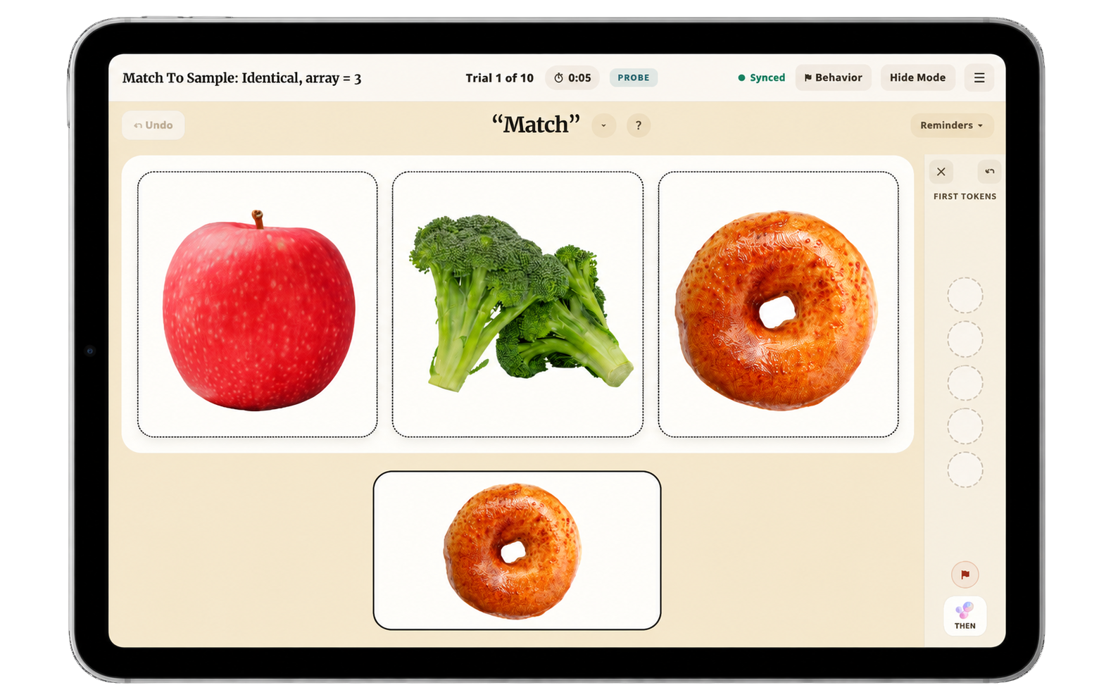 ABYou learner trial on a tablet with picture choices and a token board