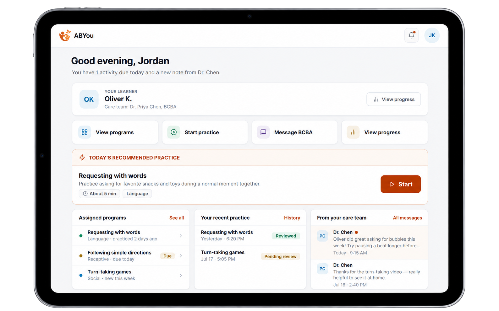 ABYou parent home on a tablet with recommended home practice, assigned programs, recent practice and care-team messages.