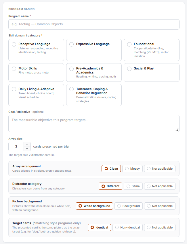 ABYou program creation form with program name, skill domain, goal, array size and picture-card settings.