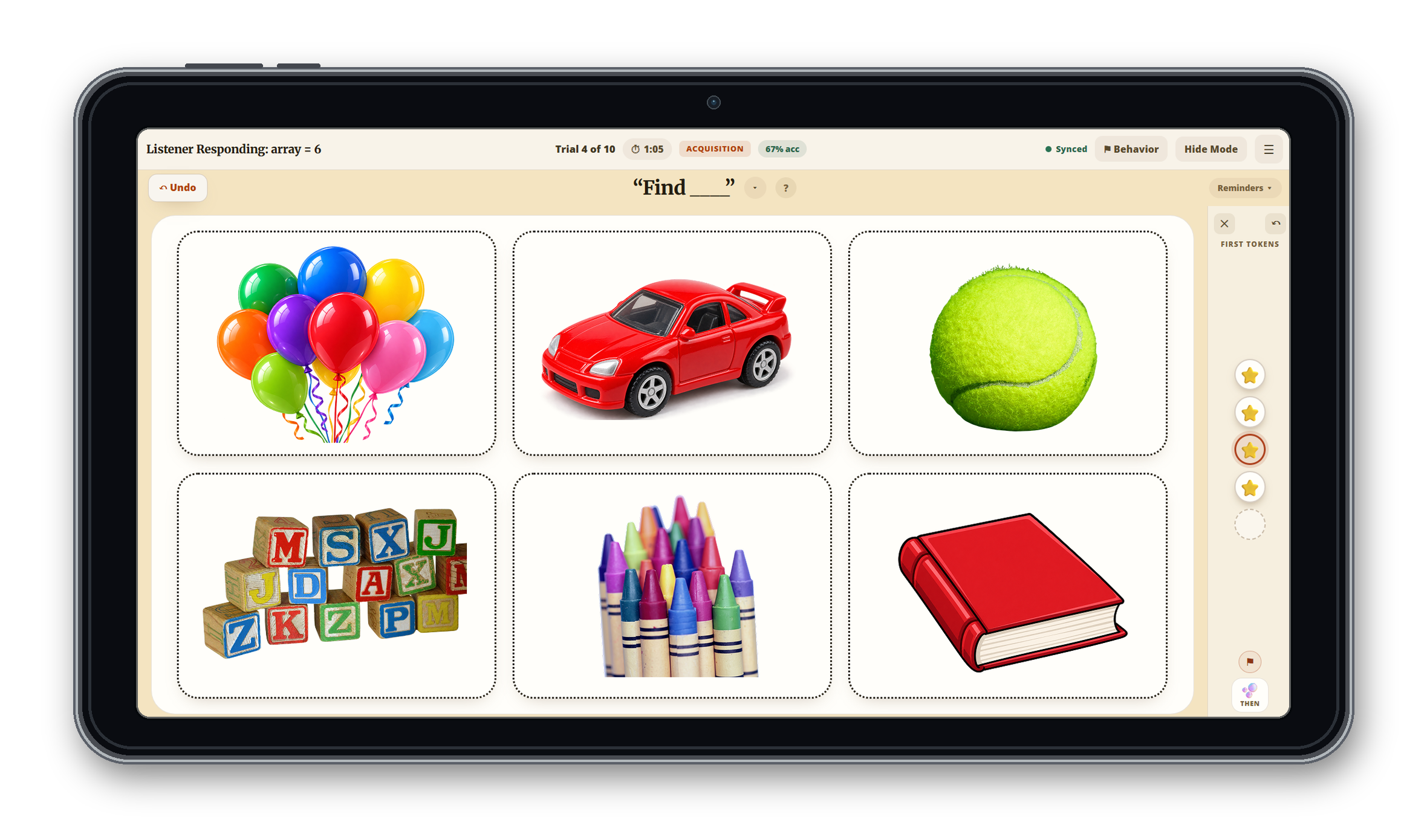 ABYou listener-responding trial with six picture cards and a token board for reinforcement.