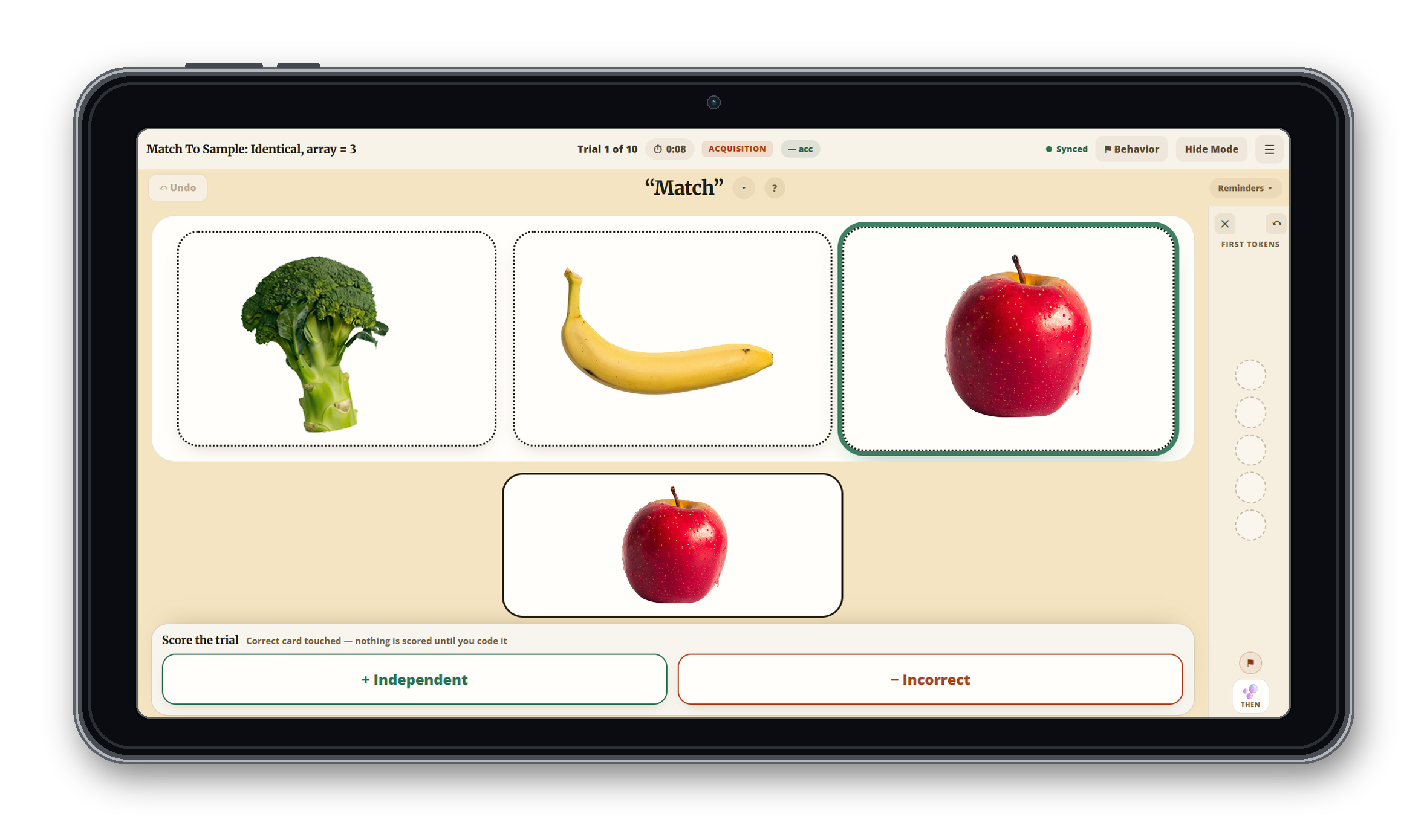 ABYou learner trial with a match-to-sample exercise, three picture cards and a token board.