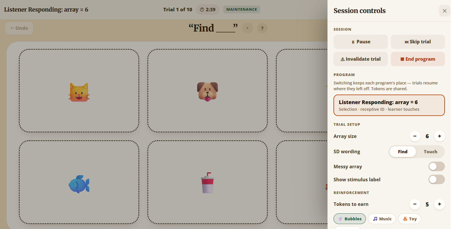 ABYou listener-responding trial with the Session controls panel open, showing array size, instruction wording, stimulus settings and reinforcement options.