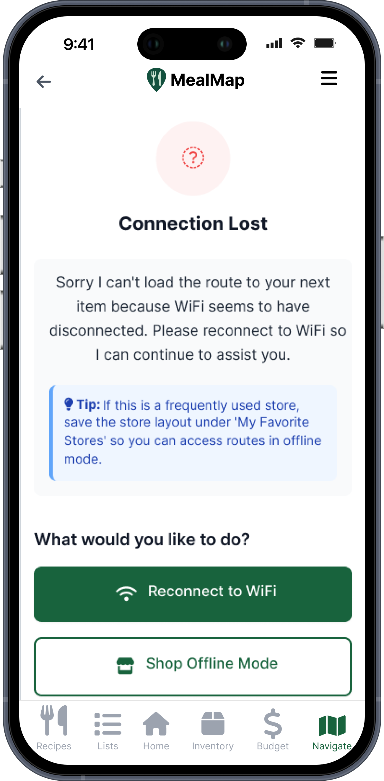 Error handling screen final design mockup