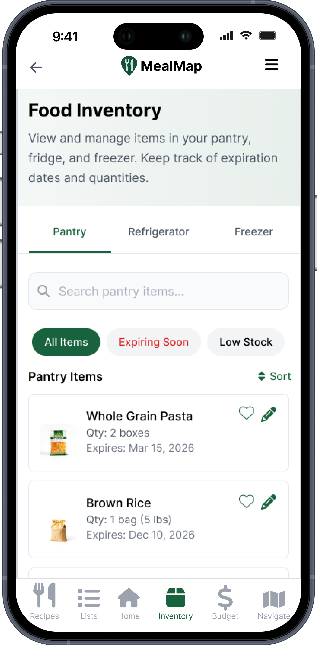 Food inventory screen final design mockup