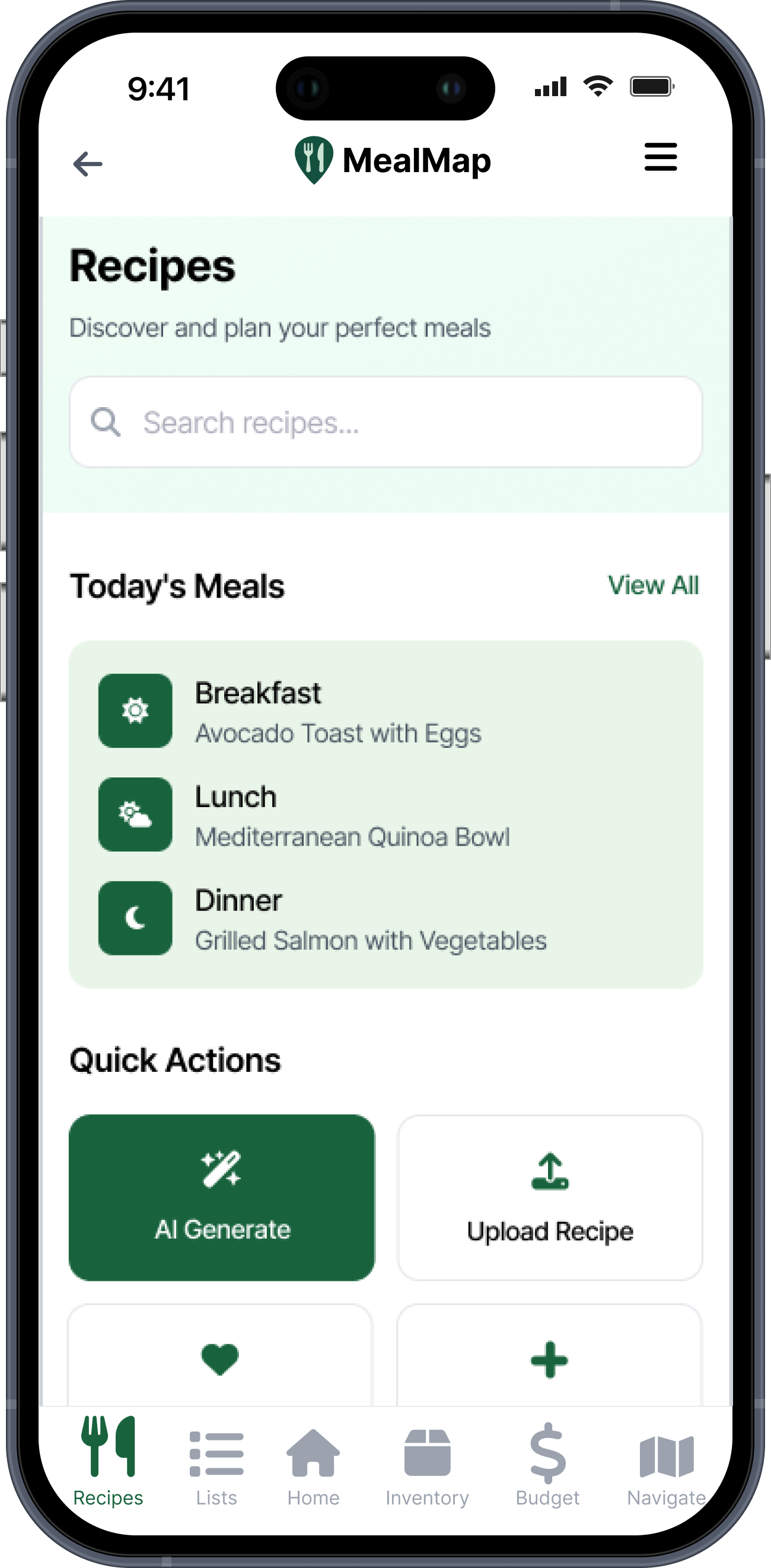 Recipes screen final mockup design