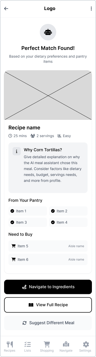AI meal suggestion wireframe