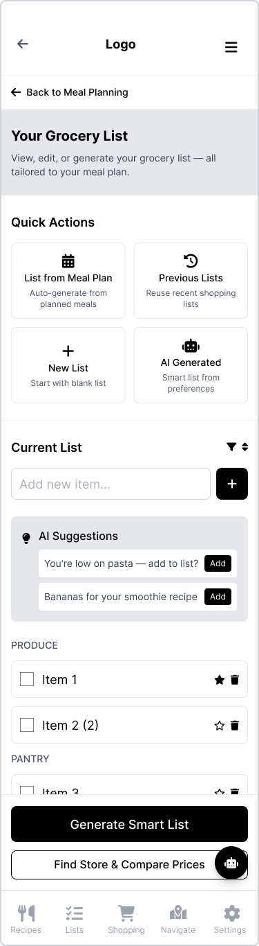 Grocery list wireframe