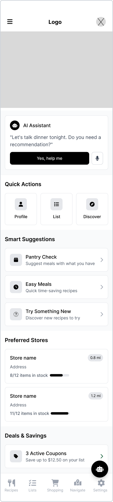 Home dashboard wireframe