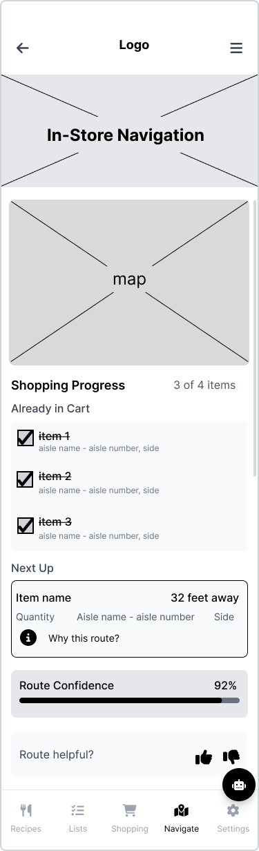 In-store navigation black and white wireframe.