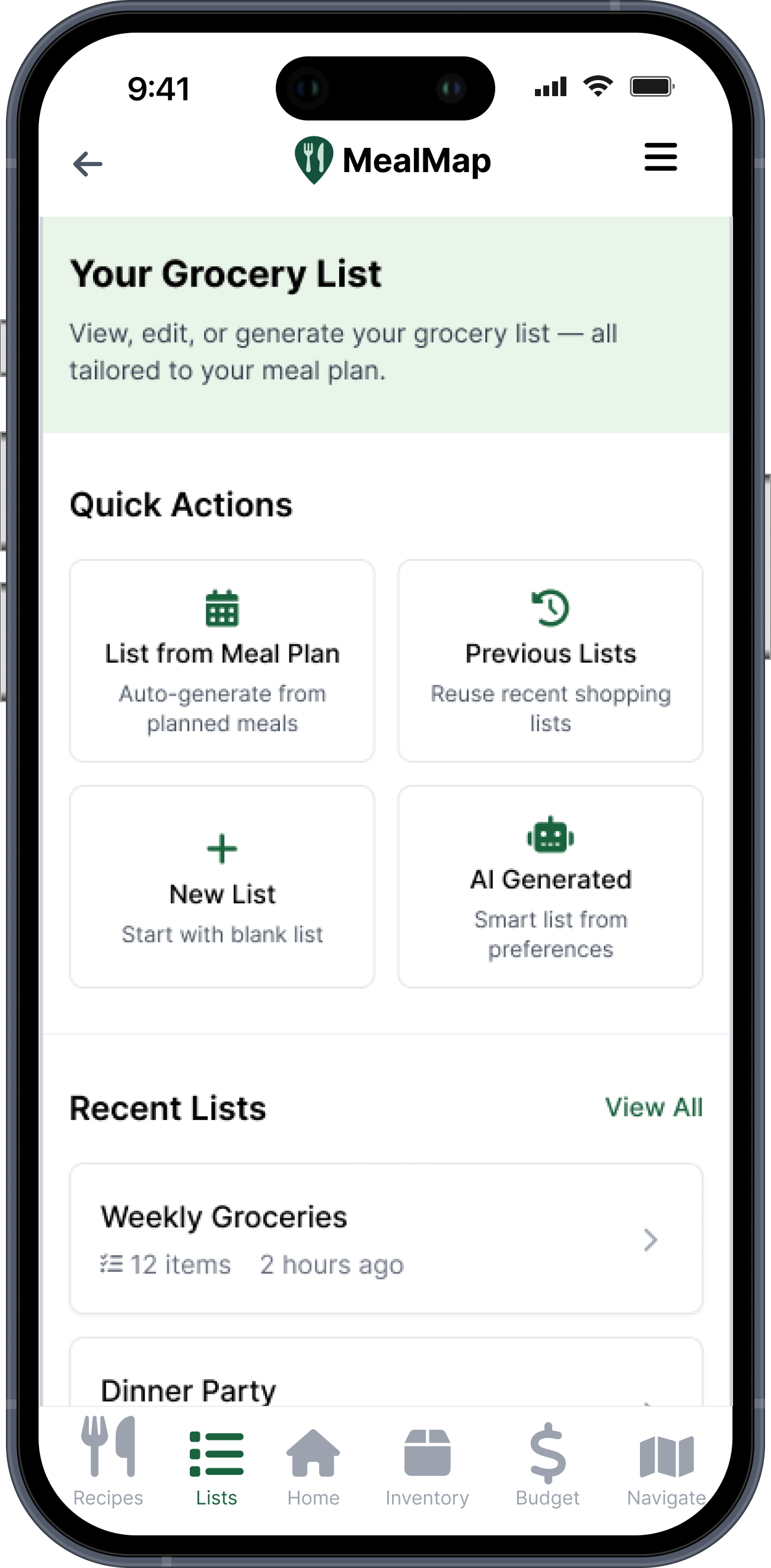Grocery list screen final design mockup