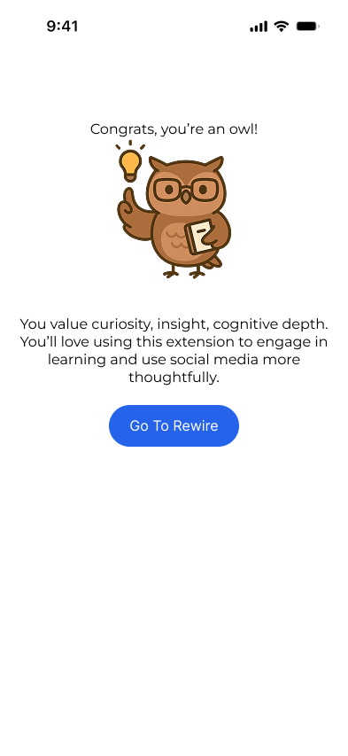 Mockup screen showing user getting assigned an Owl avatar