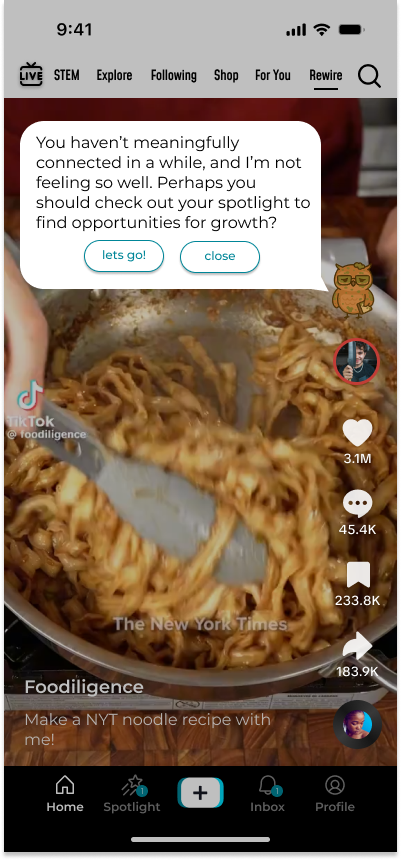 Mockup screen showing avatar prompting user that they've been scrolling too long
