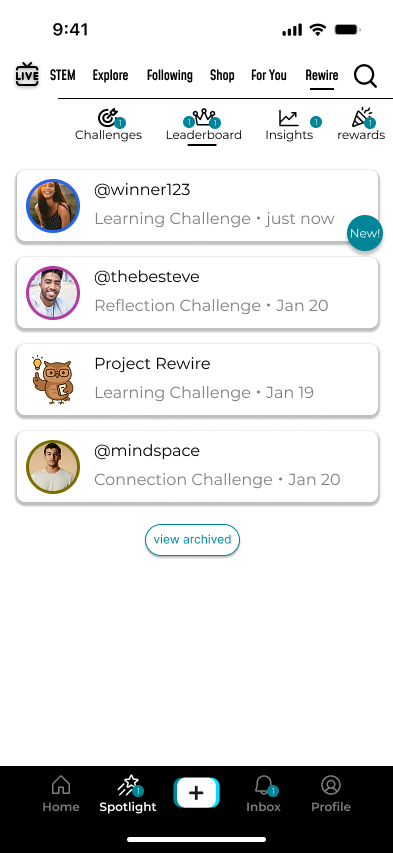 Mockup screen of the Challenges section homepage