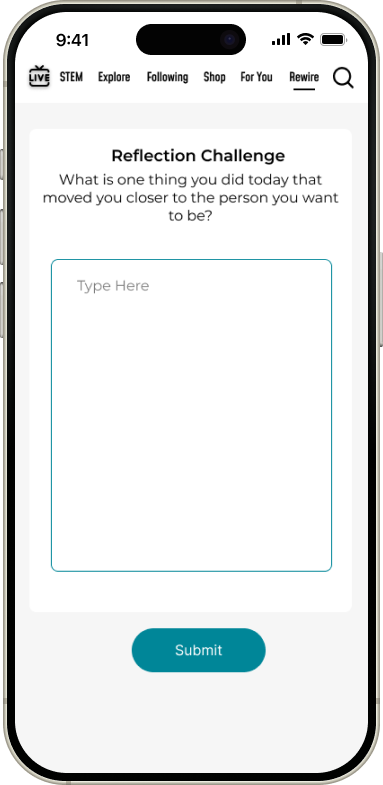 Mockup of final design of reflection challenge page showing a writing prompt for thoughtfulness