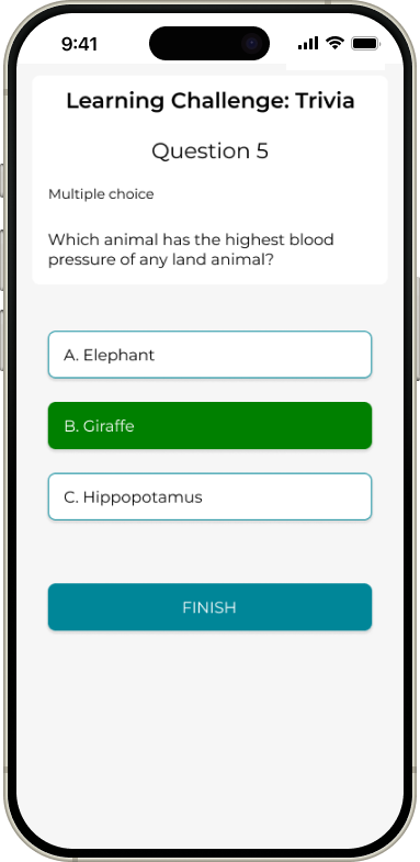 Mockup of final design of a learning challenge page which is a trivia challenge